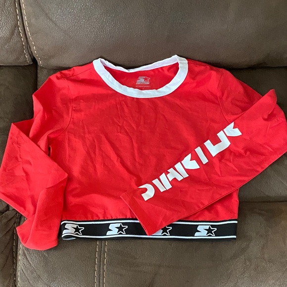 STARTER Red Long Sleeve Crop Top with white accents - Picture 1 of 3
